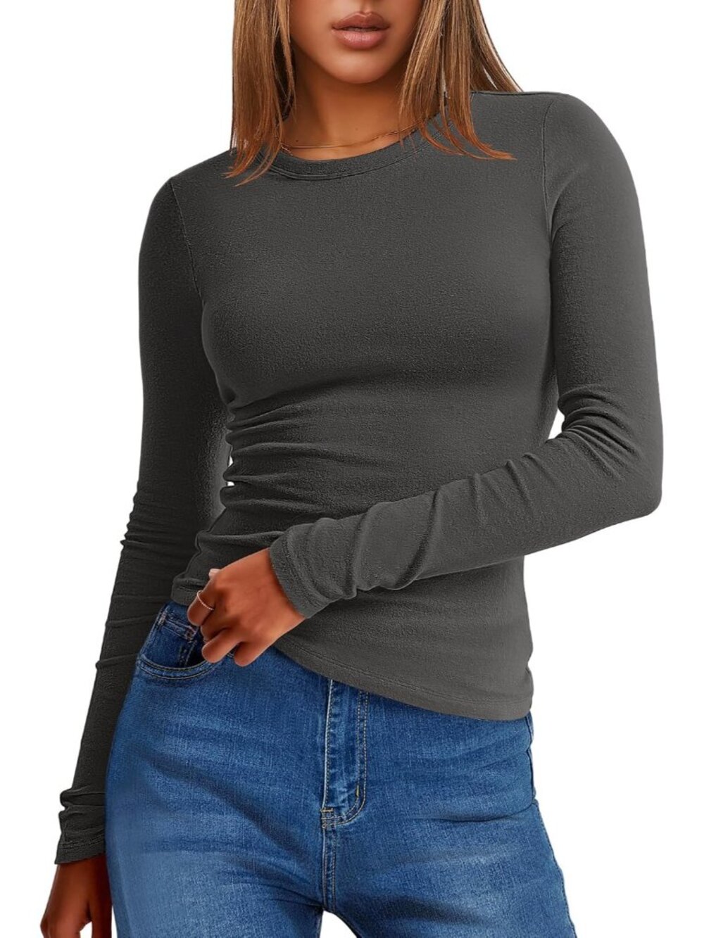 Women's Dark Grey Crew Neck Long Sleeve Slim Fitted Imported Tops Tee Shirts